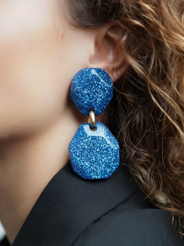 Outlet Blauwe Glitter Oorbellen Zora Dubbel Rock Deluxe M Resin
