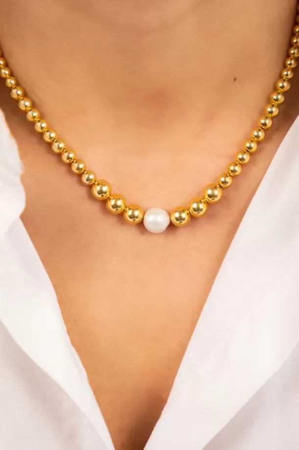 Hot Goudkleurige Ketting Met Een Cannonball Met Parel Lila Kettingen